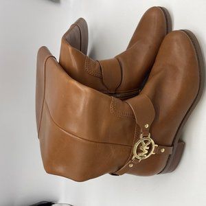 Michael Kors Knee High Boots Fulton Harness Boot Leather Mocha MK Logo Size 6.5